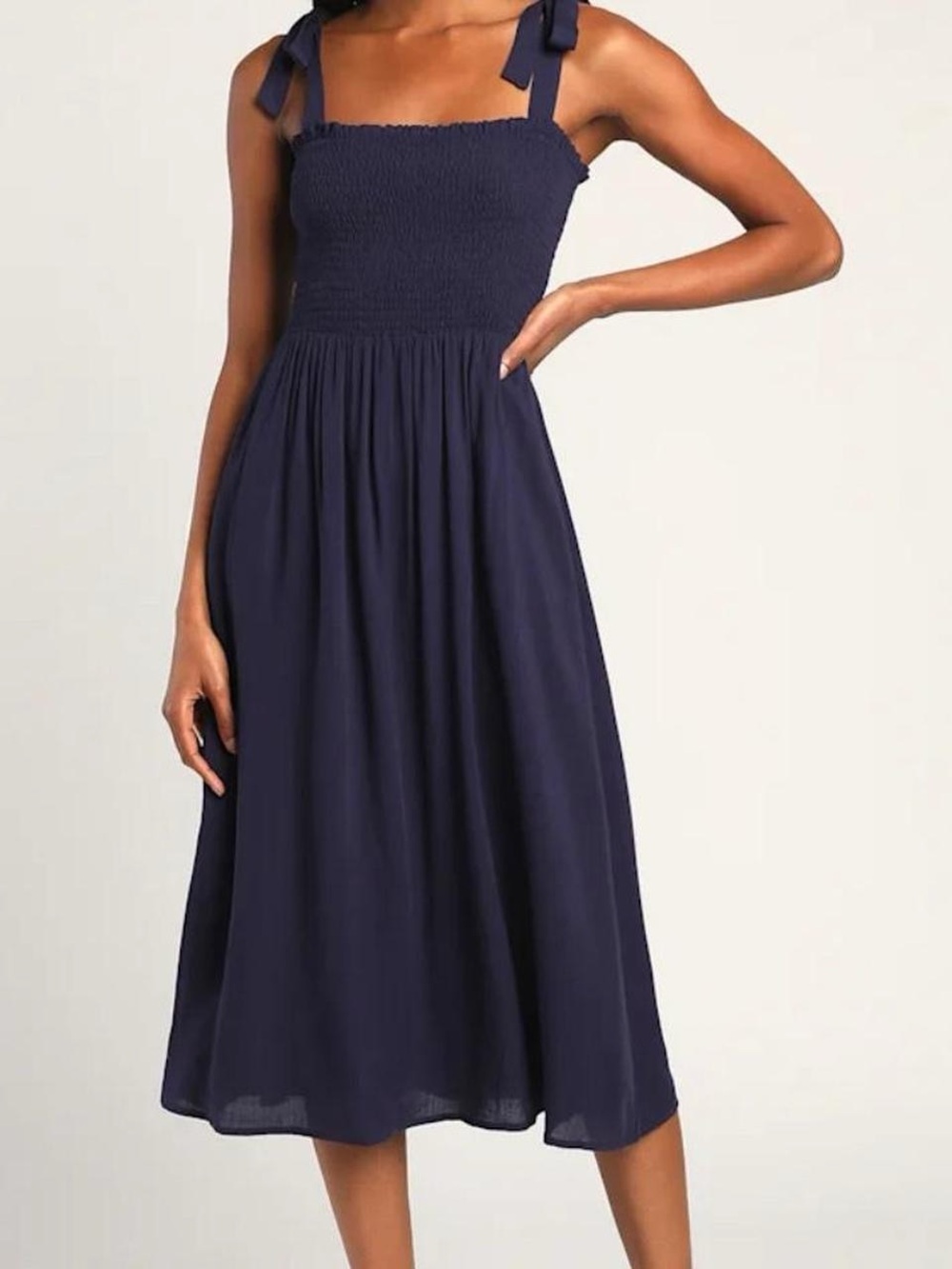 Lulu's Navy Smocked Midi Dress with Tie Straps Size Small